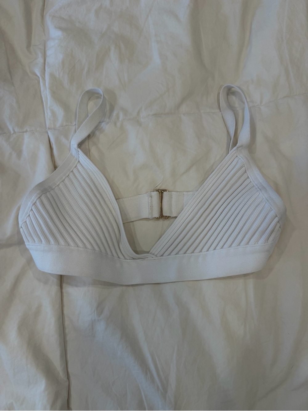 Babaton White Ribbed Triangle Bralette with Gold Tone Back Clasp